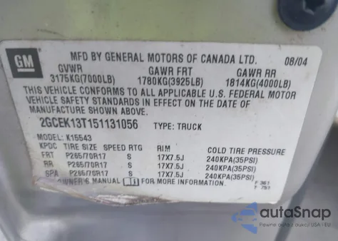 2005 Chevrolet Silverado 1500 Z71 из США, поврежденный, VIN 2GCEK13T151131056